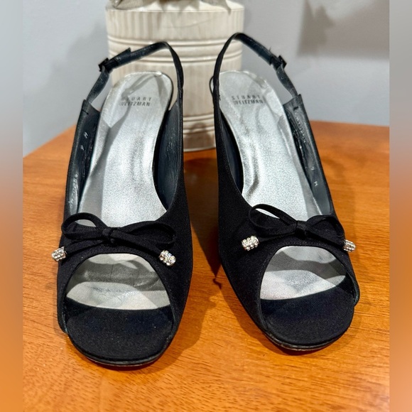 Stuart Weitzman Black Peep Toe Slingback Heels Bow Rhinestone Detail Size 9M - Picture 3 of 13